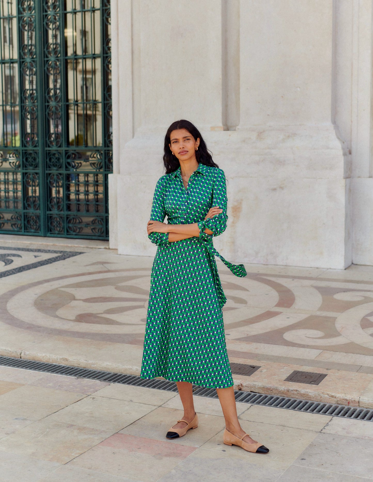 Laura Jersey Midi Shirt Dress-Rich Emerald, Terrace Swirl