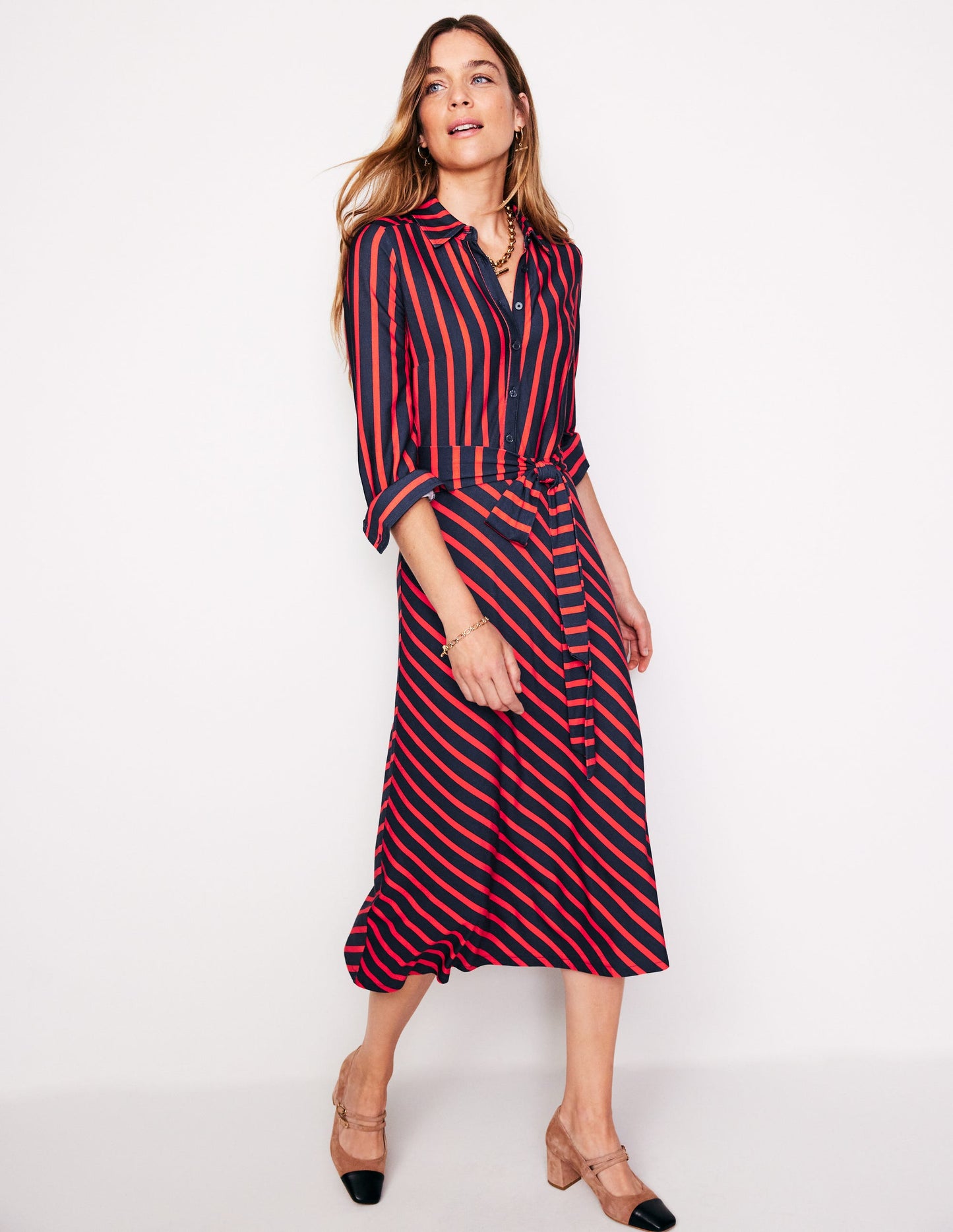 Laura Jersey Midi Shirt Dress-Navy, Rouge Stripe