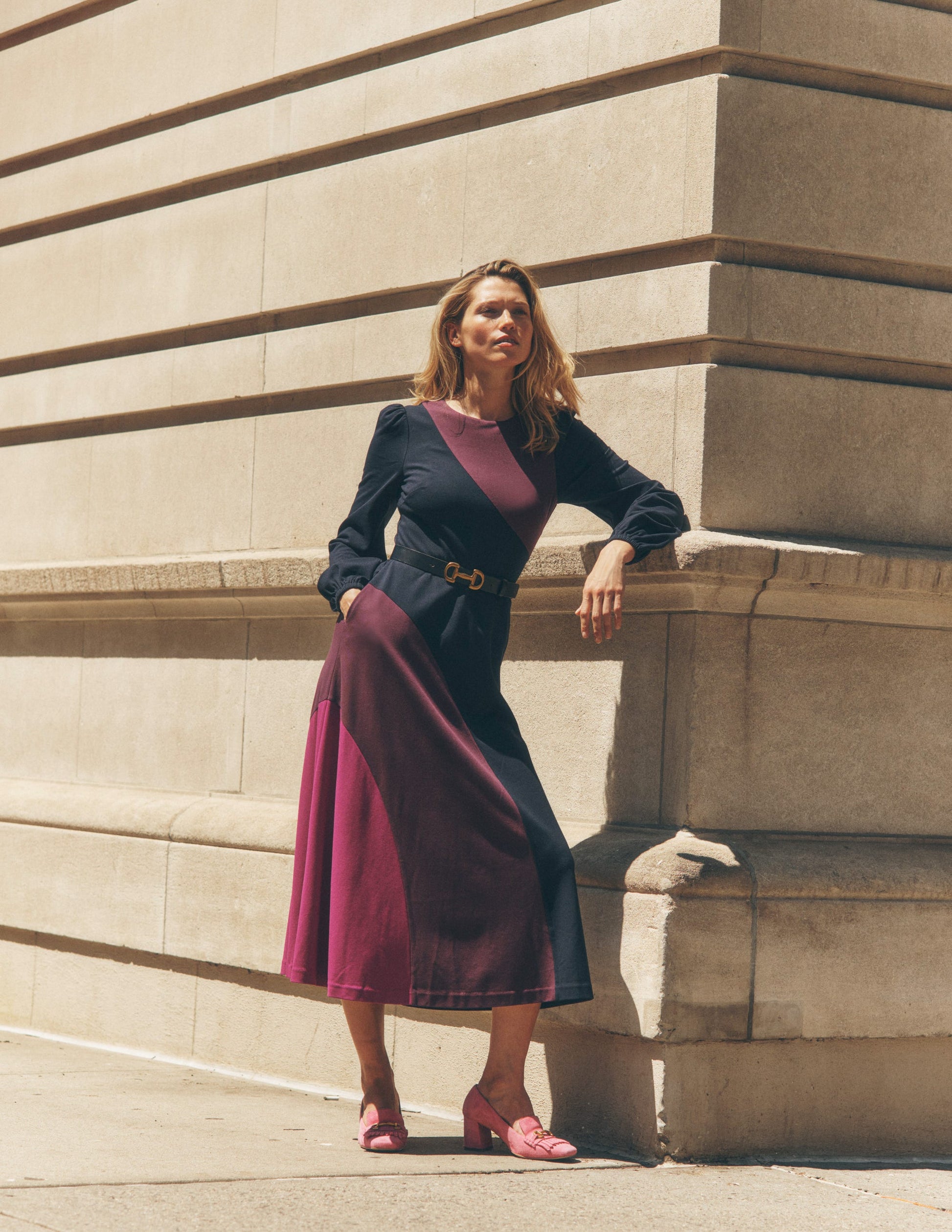 Crew Neck Ponte Dress-Navy, Damson Colourblock-5