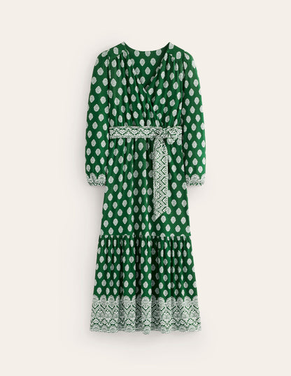 Ophelia Wrap Midi Jersey Dress-Pine, Ornate Stamp