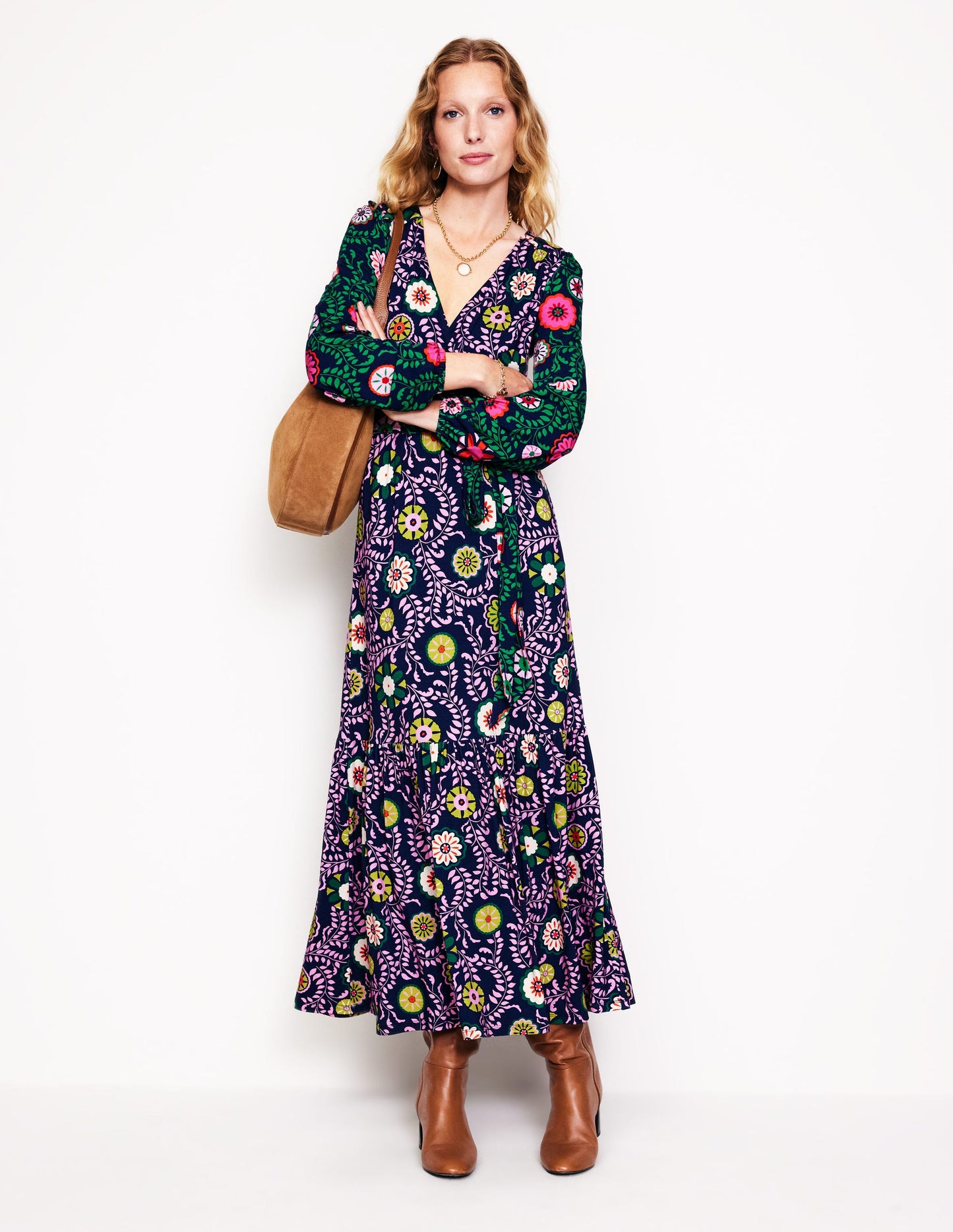 Ophelia Wrap Midi Jersey Dress-Multi, Meadow Vine