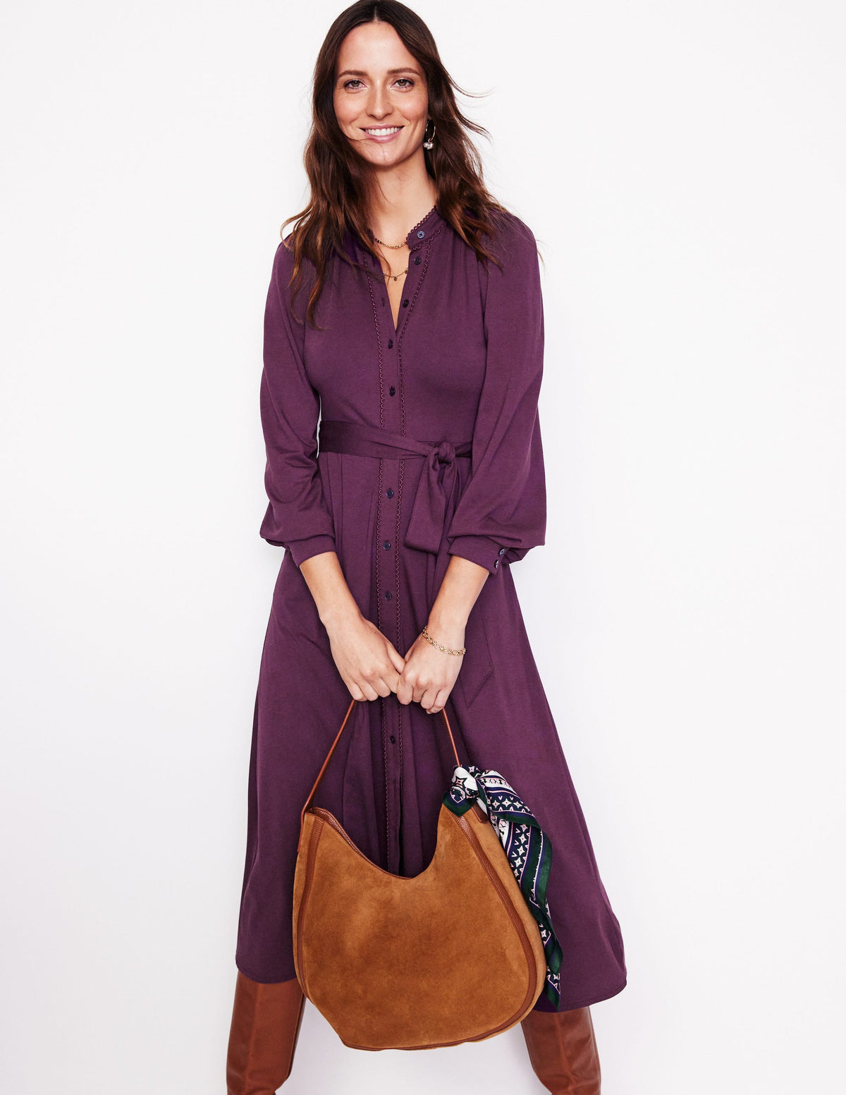 Rowena Trim Jersey Shirt Dress-Damson - Image 1