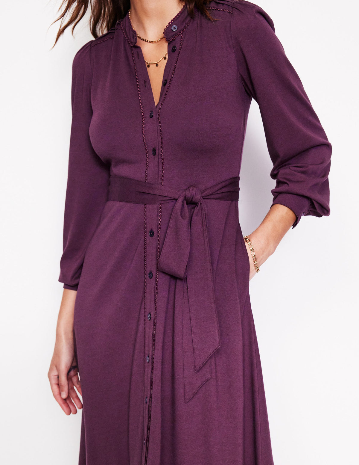 Rowena Trim Jersey Shirt Dress-Damson - Image 2