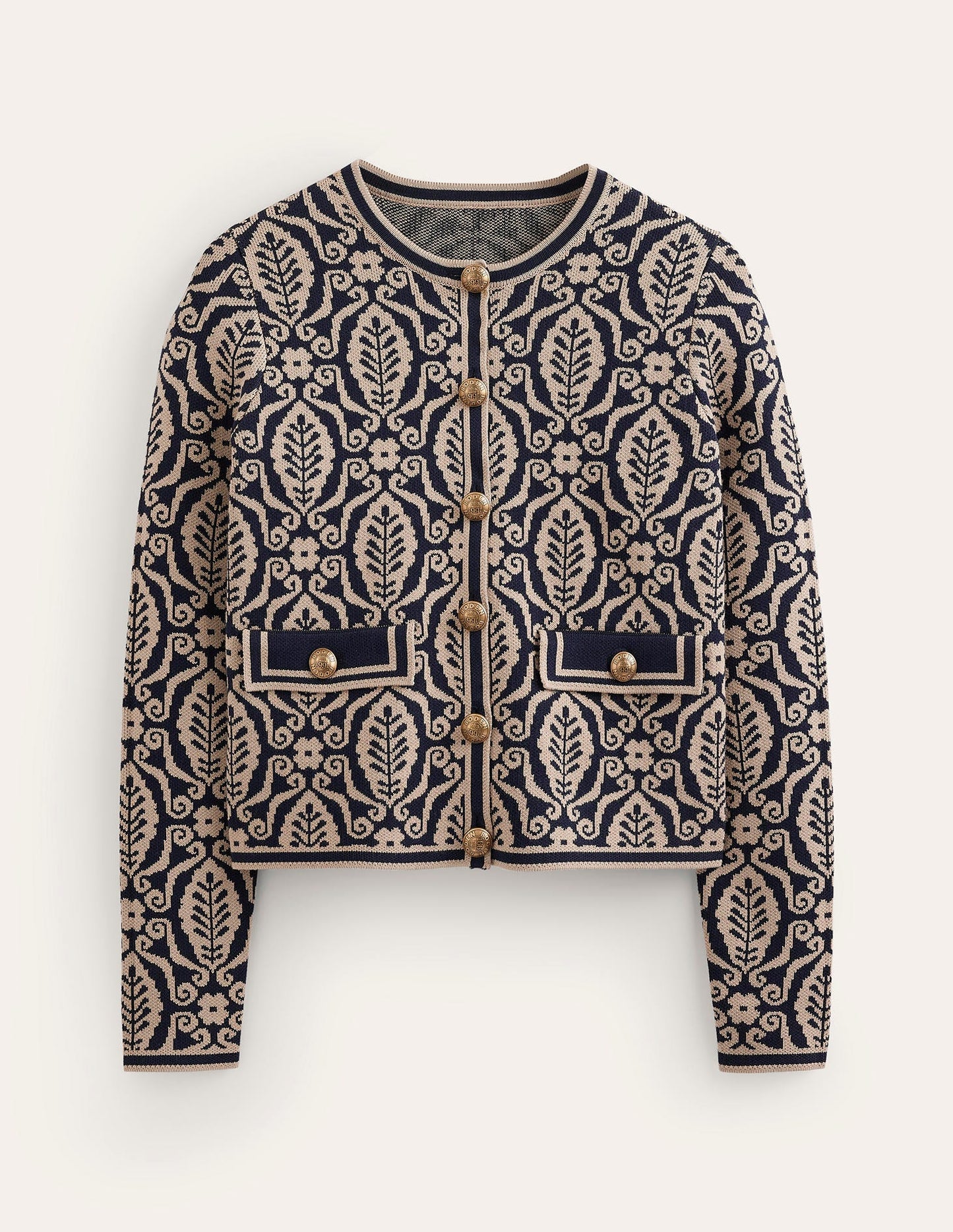 Holly Knitted Jacket-Navy, Camel Foliage Stamp