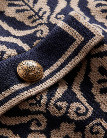 Holly Knitted Jacket-Navy, Camel Foliage Stamp