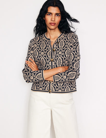 Holly Knitted Jacket-Navy, Camel Foliage Stamp