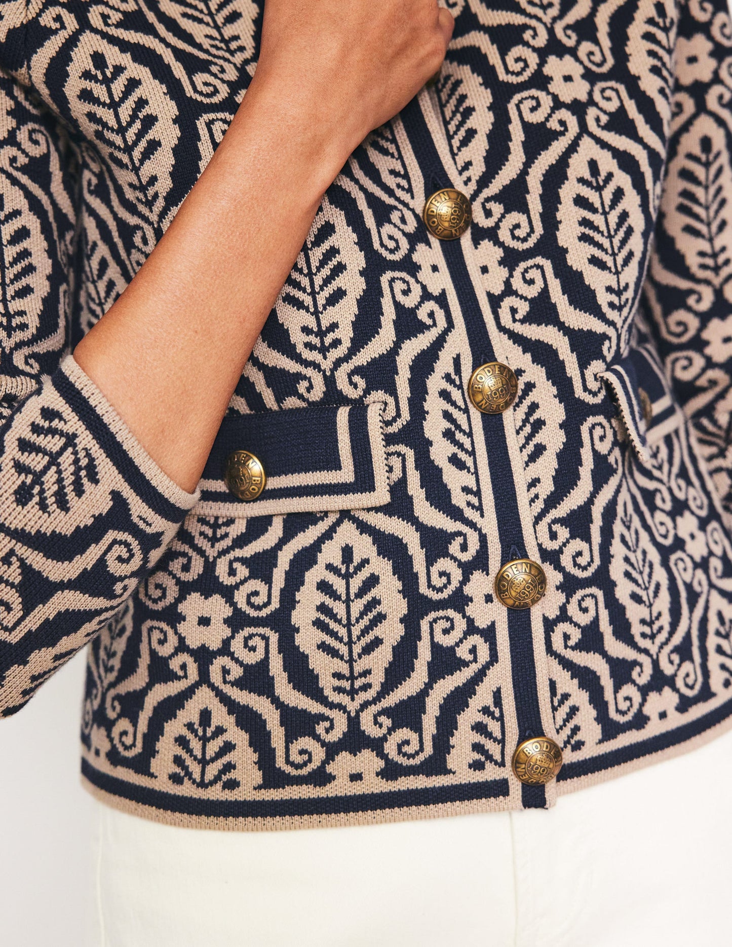 Holly Knitted Jacket-Navy, Camel Foliage Stamp