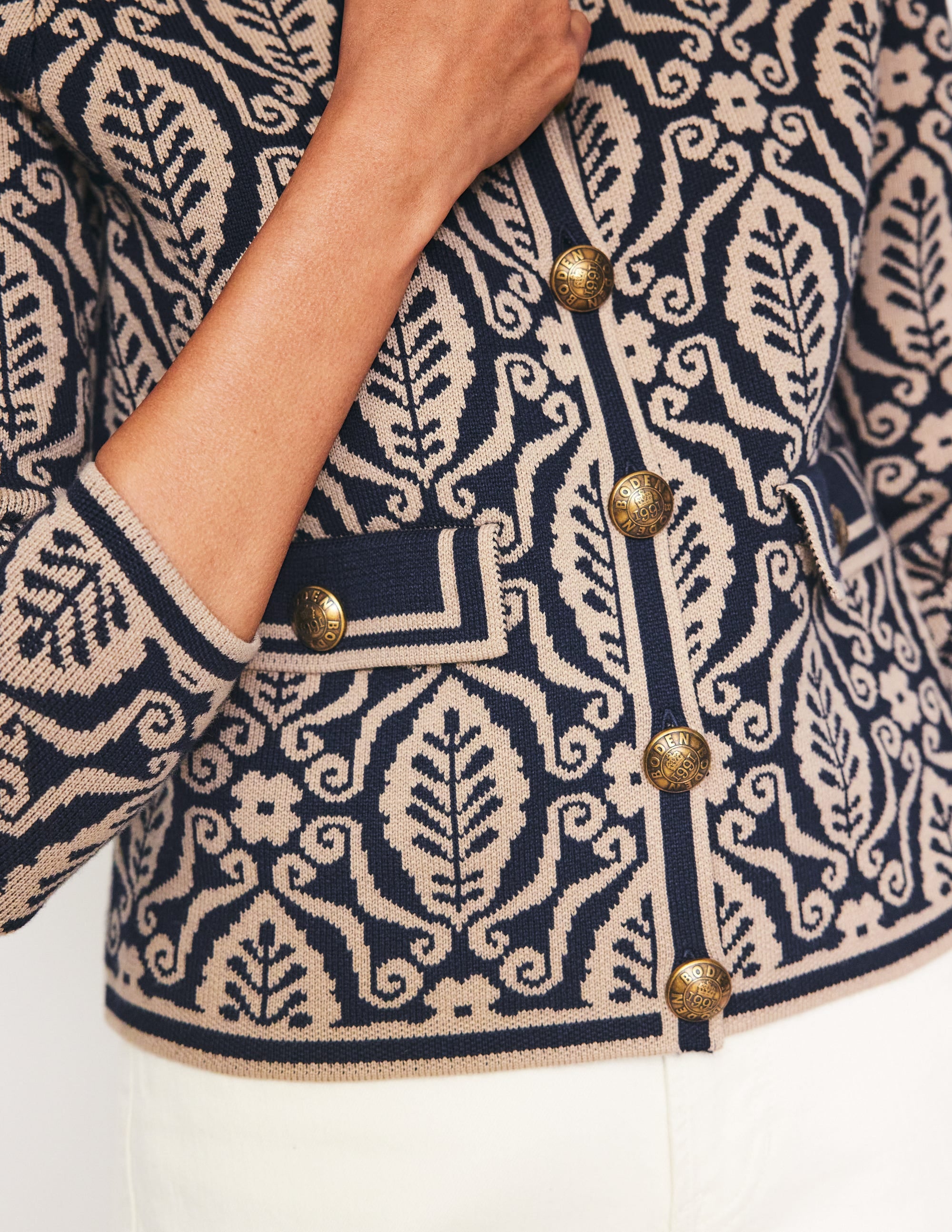 Holly Knitted Jacket-Navy, Camel Foliage Stamp - Image 2