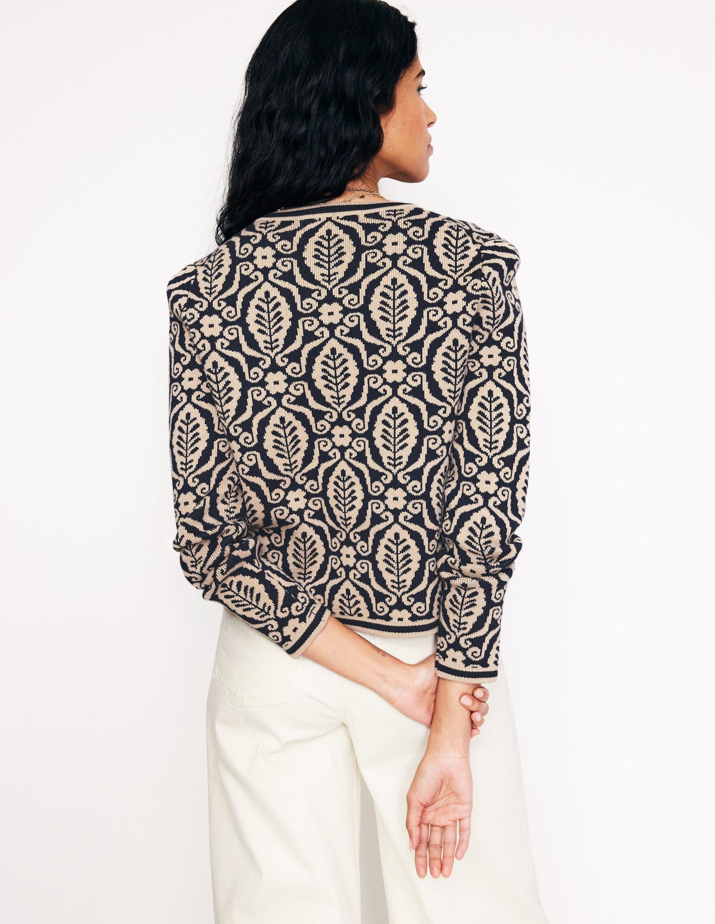 Holly Knitted Jacket-Navy, Camel Foliage Stamp