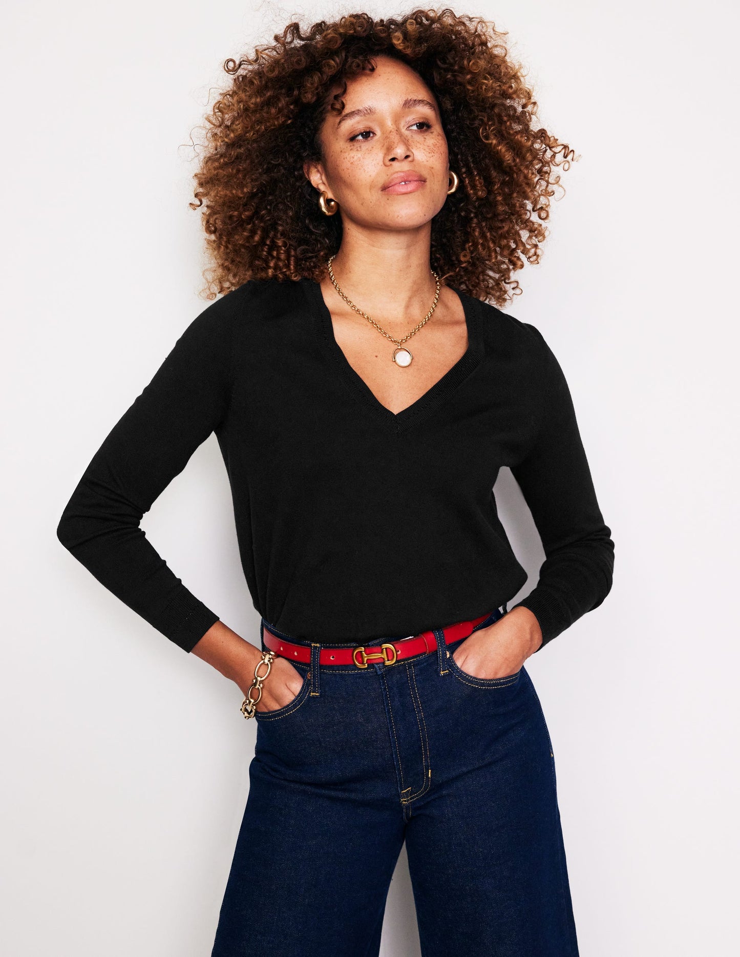 Catriona Cotton V-Neck Jumper-Black