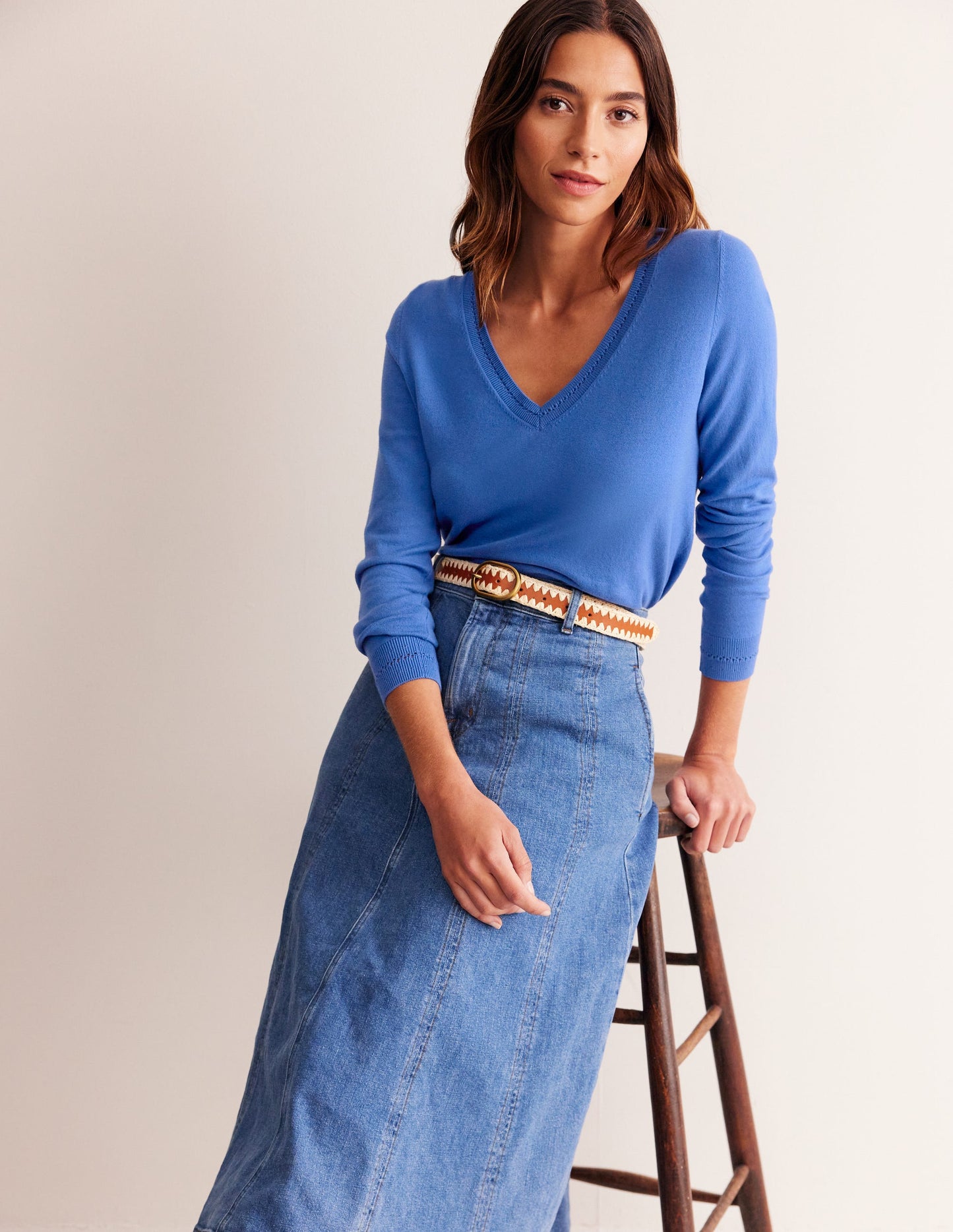 Catriona Cotton V-Neck Jumper-Blue Jay