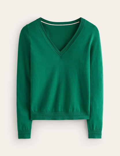 Catriona Cotton V-Neck Jumper-Malachite Green