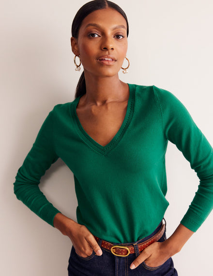 Catriona Cotton V-Neck Jumper-Malachite Green