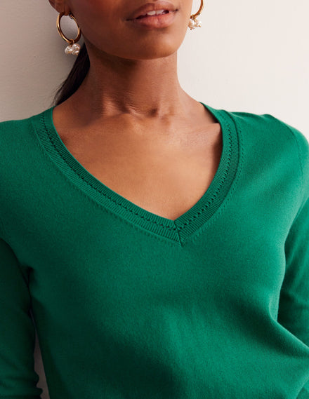 Catriona Cotton V-Neck Jumper-Malachite Green