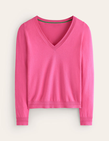 Catriona Cotton V-Neck Jumper-Carmine Rose Pink