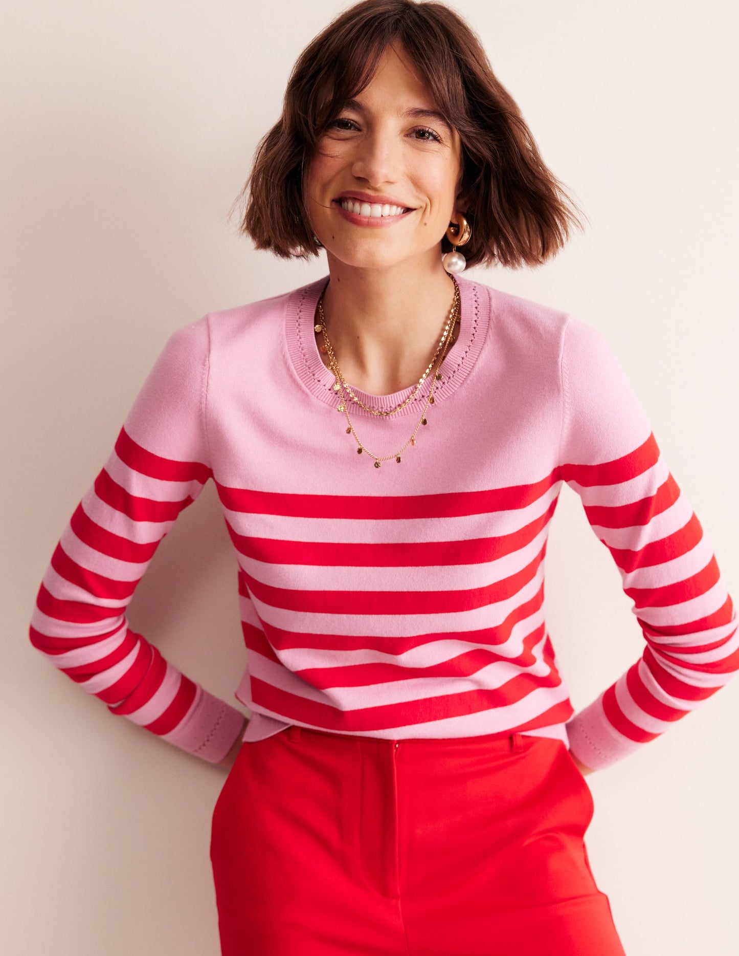 Catriona Cotton Crew Jumper-Old Rose Pink, Rouge Red