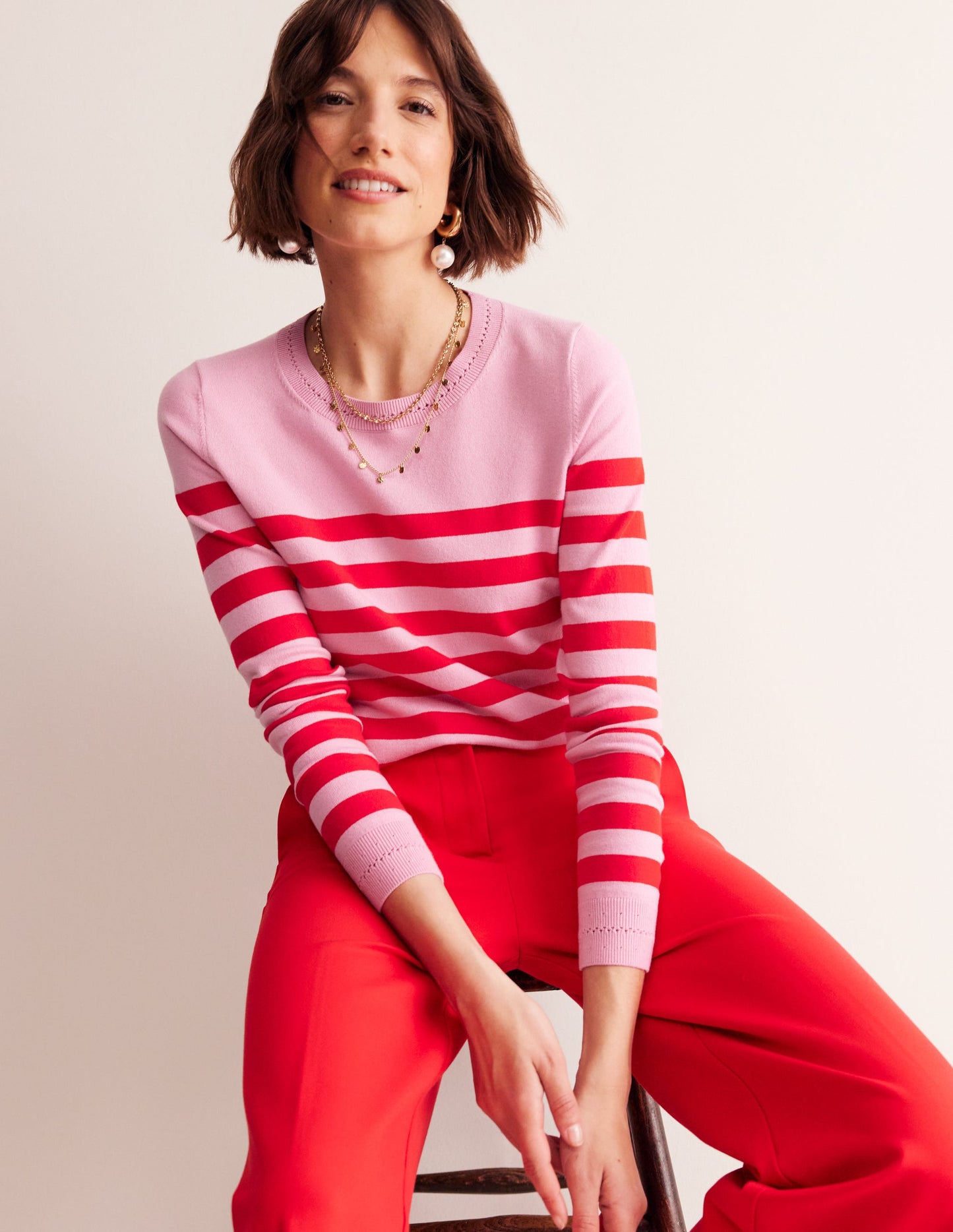 Catriona Cotton Crew Jumper-Old Rose Pink, Rouge Red