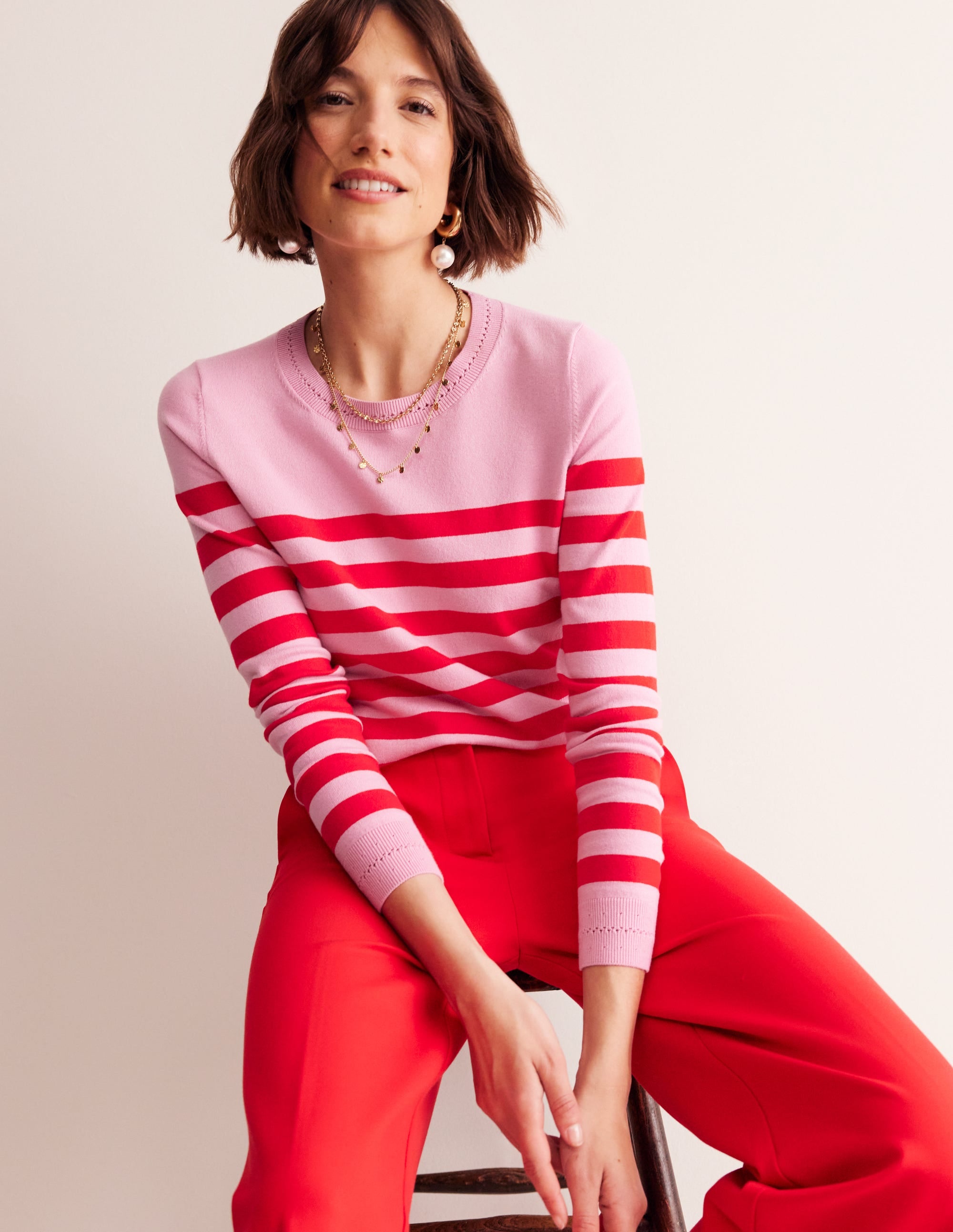 Catriona Cotton Crew Jumper-Old Rose Pink, Rouge Red - Image 4
