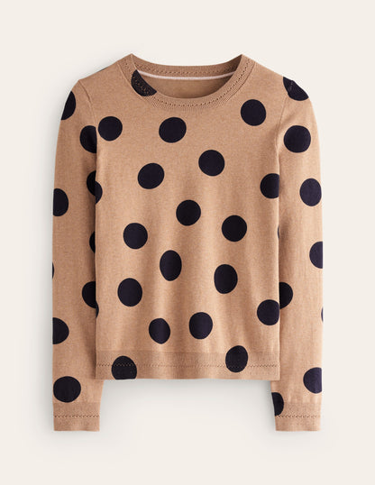 Catriona Cotton Crew Jumper-Camel Melange, Abstract Dot-7