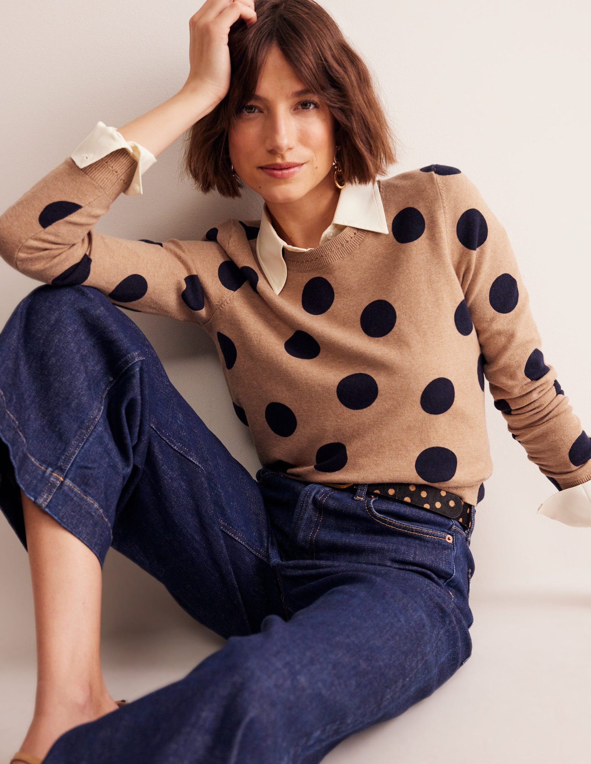 Catriona Cotton Crew Jumper-Camel Melange, Abstract Dot-1