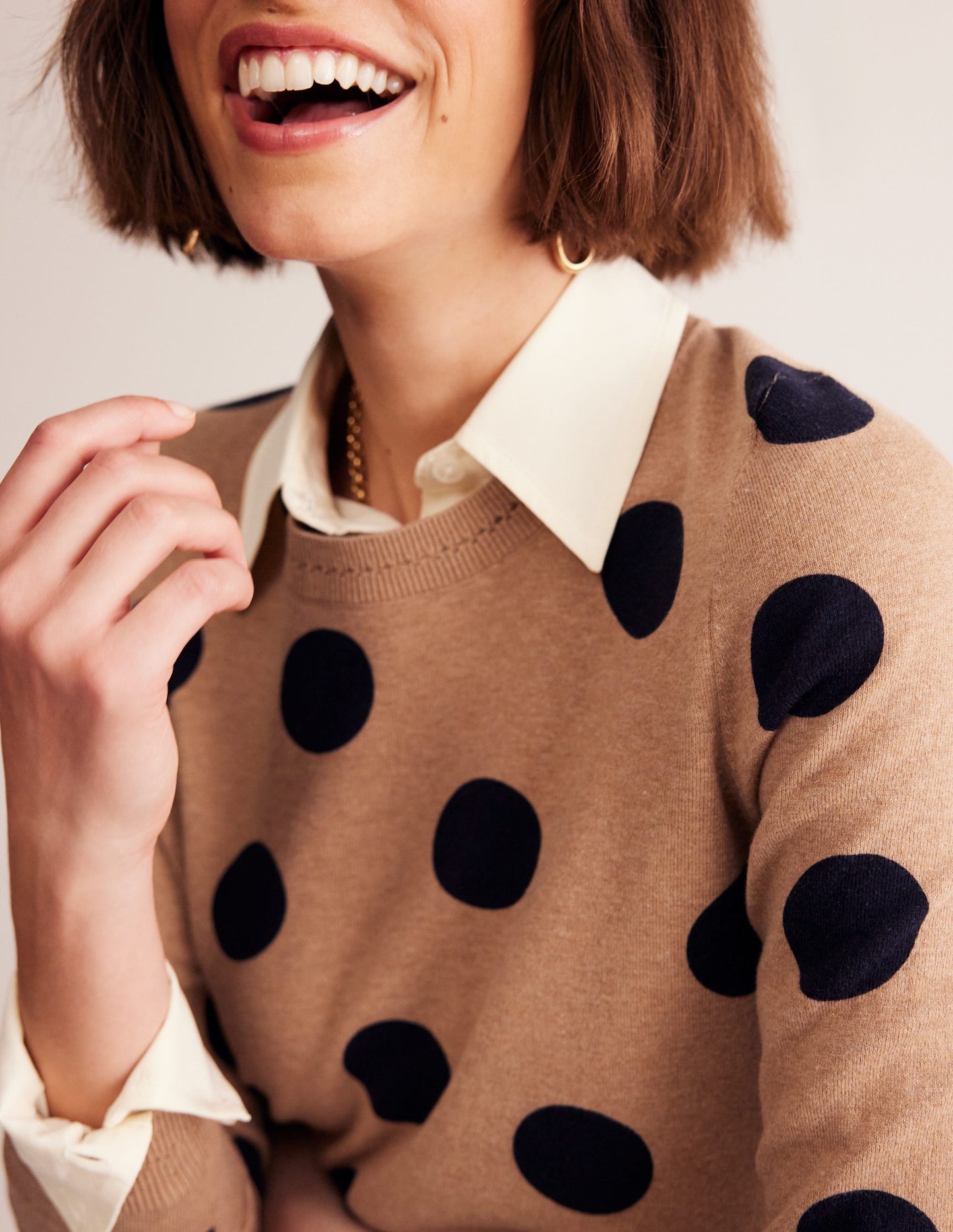 Catriona Cotton Crew Jumper-Camel Melange, Abstract Dot