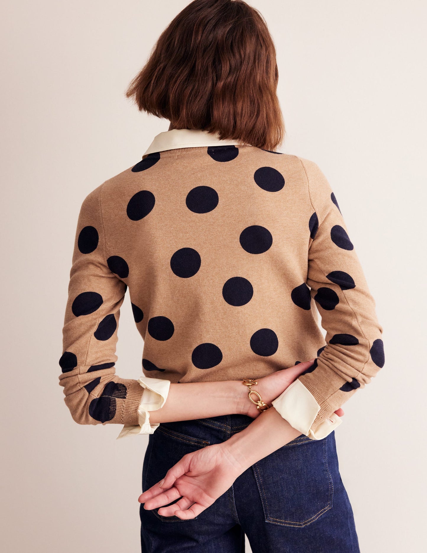 Catriona Cotton Crew Jumper-Camel Melange, Abstract Dot