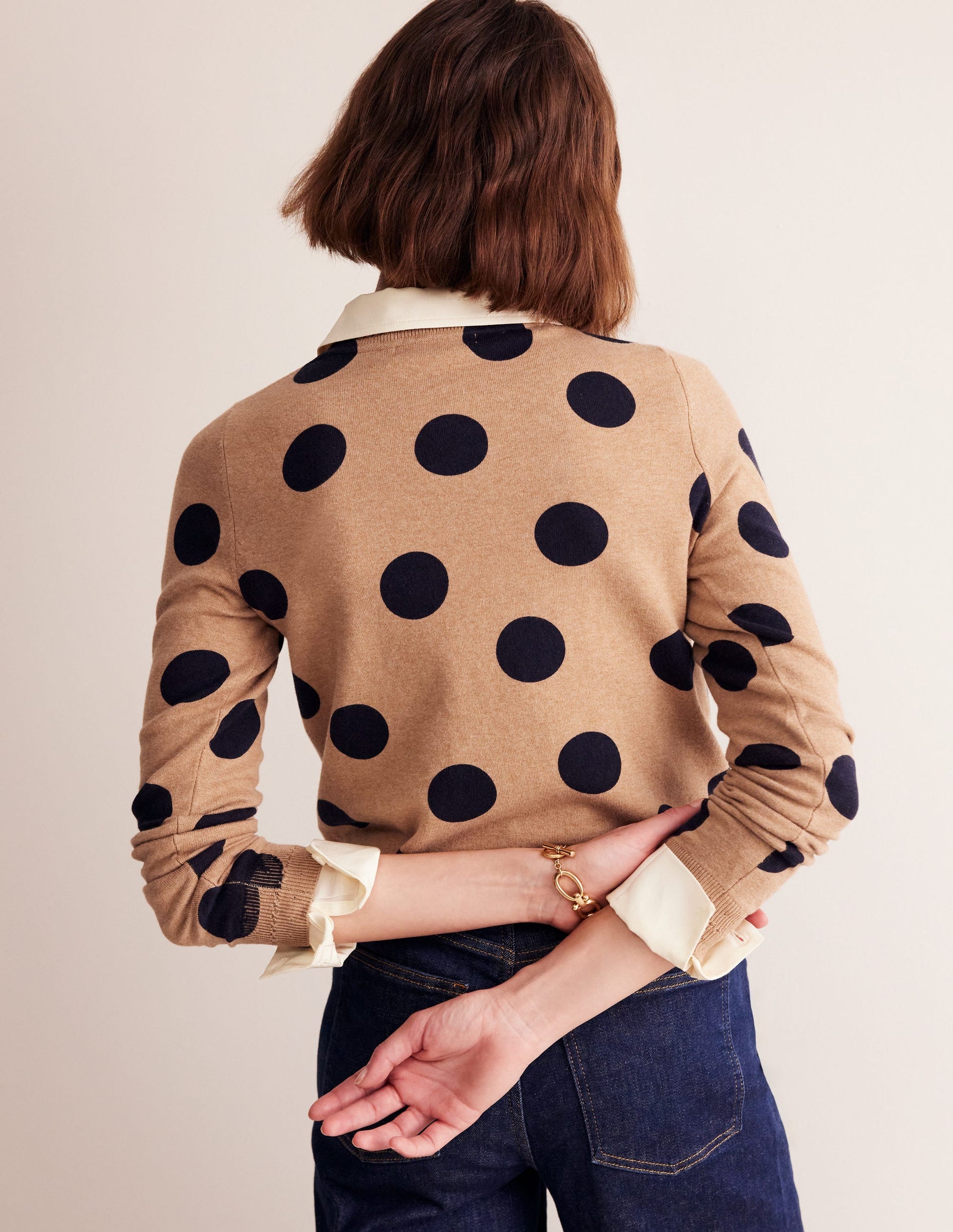 Catriona Cotton Crew Jumper-Camel Melange, Abstract Dot-3