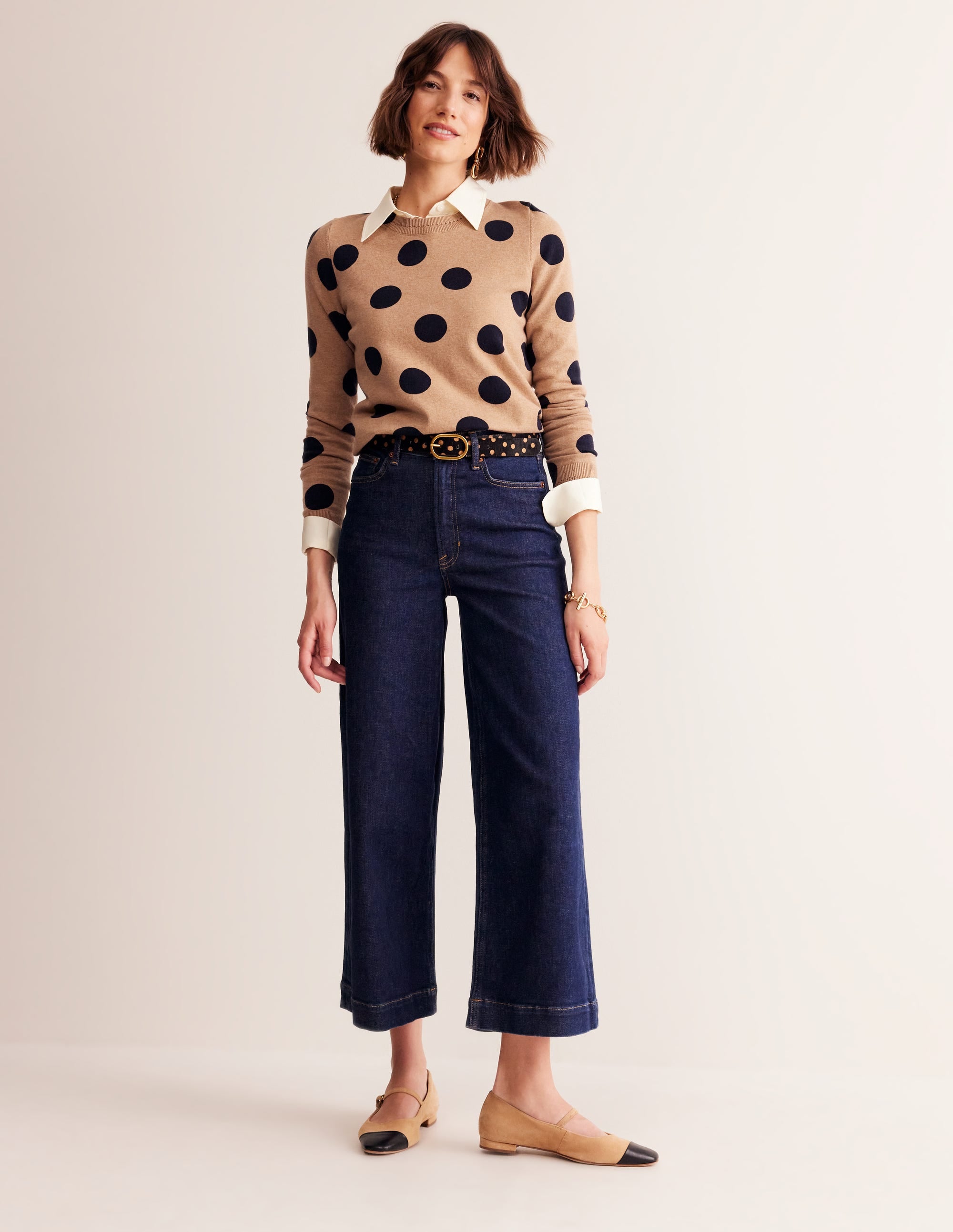 Catriona Cotton Crew Jumper-Camel Melange, Abstract Dot - Image 4