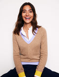 Eva Cashmere V-neck Jumper-Camel Melange Colour Block