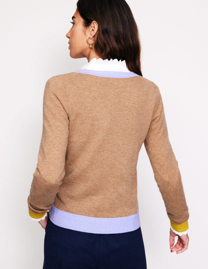 Eva Cashmere V-Neck Jumper-Camel Melange Colour Block