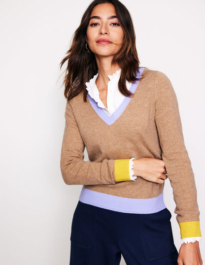 Eva Cashmere V-Neck Jumper-Camel Melange Colour Block