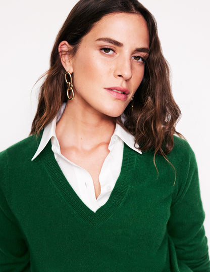 Eva Cashmere V-Neck Jumper-Pine Green