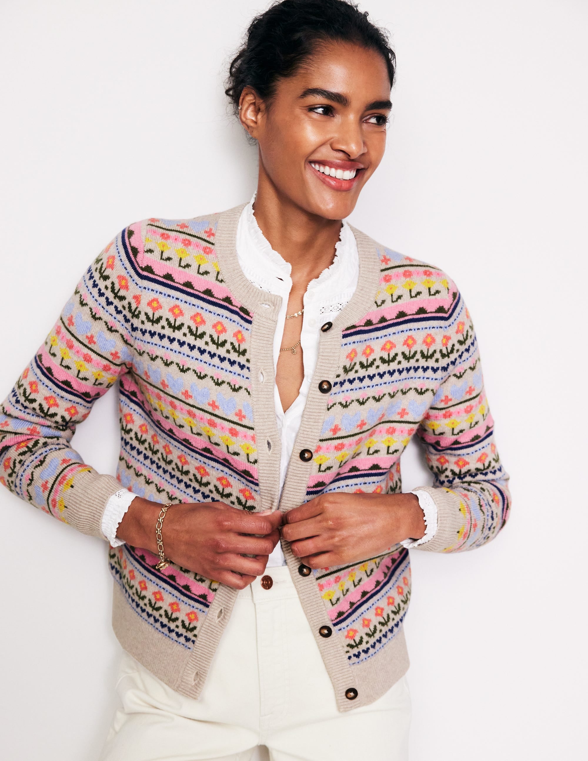 Edie Fair Isle Cardigan-Oatmeal Melange, Heart Flower - Image 1