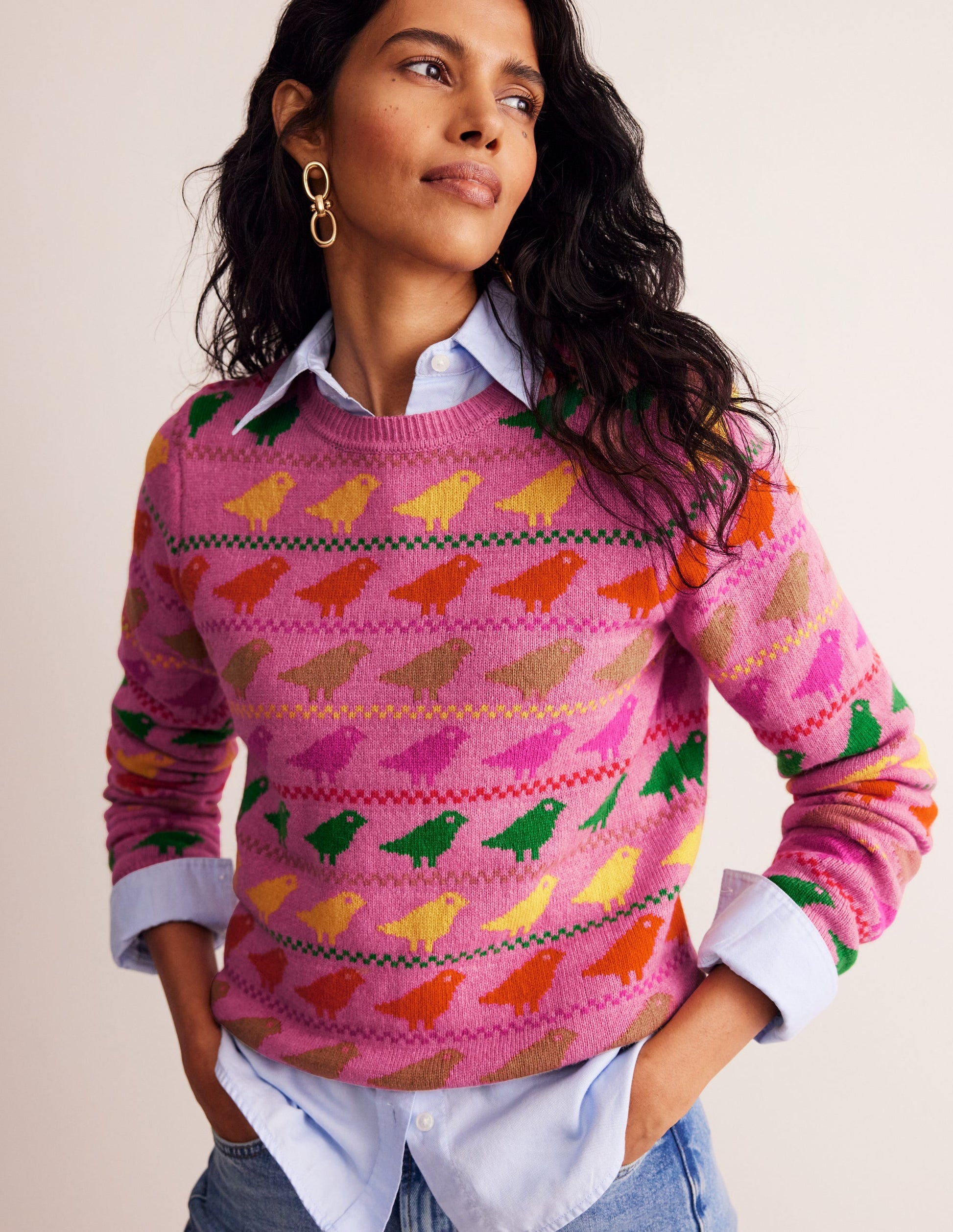 Edie Fair Isle Jumper-Pink Birds-1