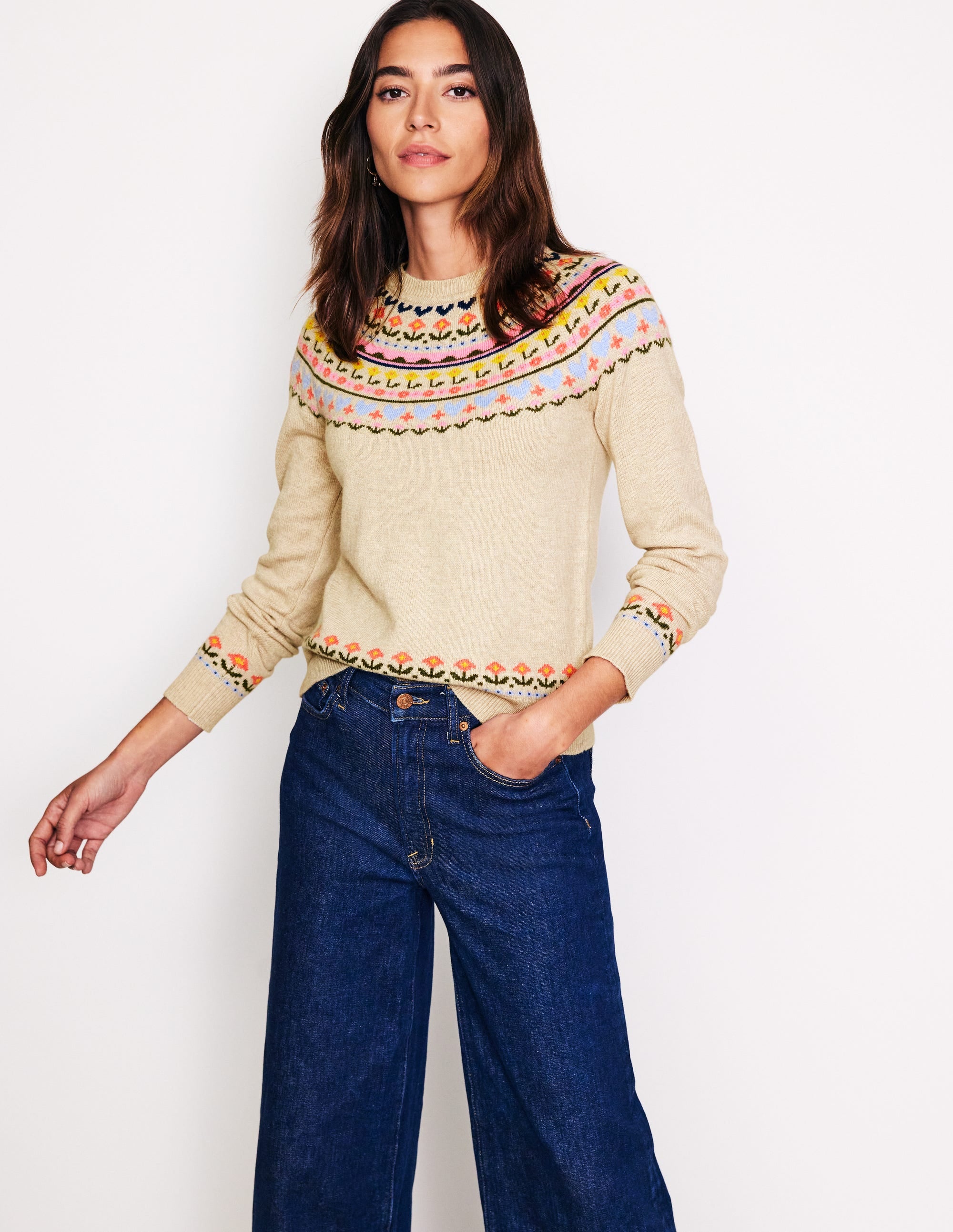 Edie Fair Isle Jumper-Oatmeal Melange, Heart Flower - Image 2