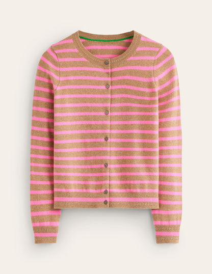 Eva Cashmere Crew Cardigan-Camel Melange/ Fluro Pink-5