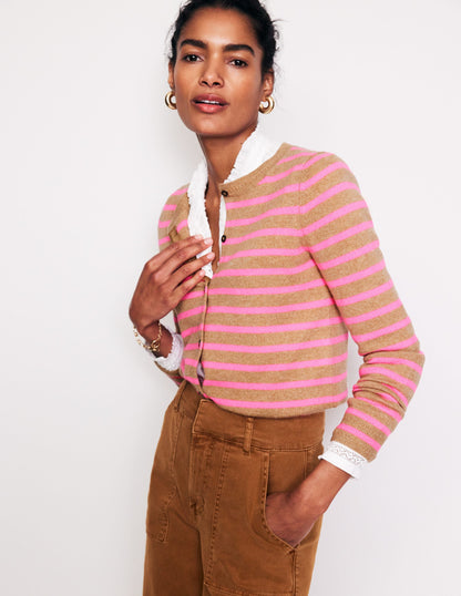 Eva Cashmere Crew Cardigan-Camel Melange/ Fluro Pink-1
