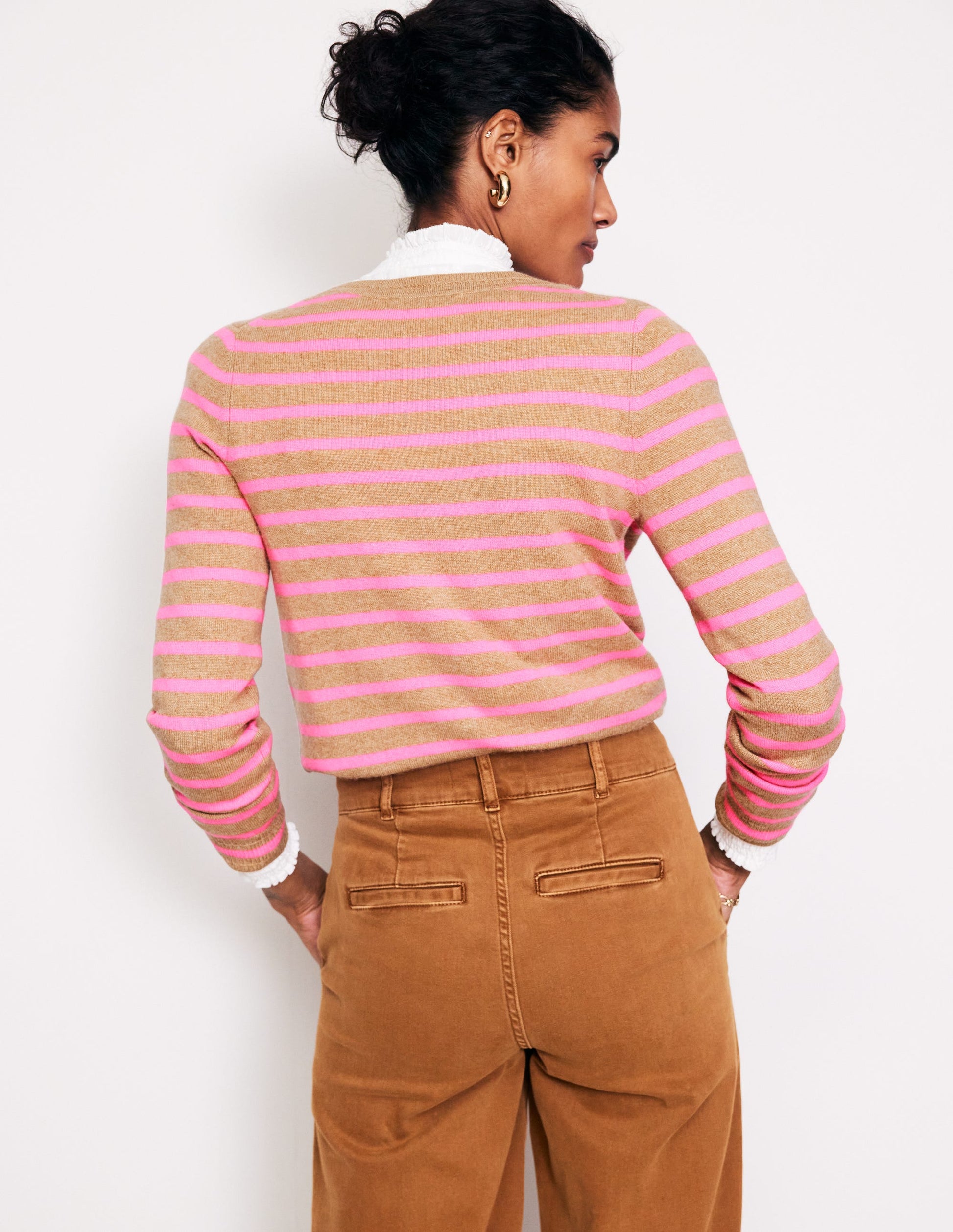 Eva Cashmere Crew Cardigan-Camel Melange/ Fluro Pink-3