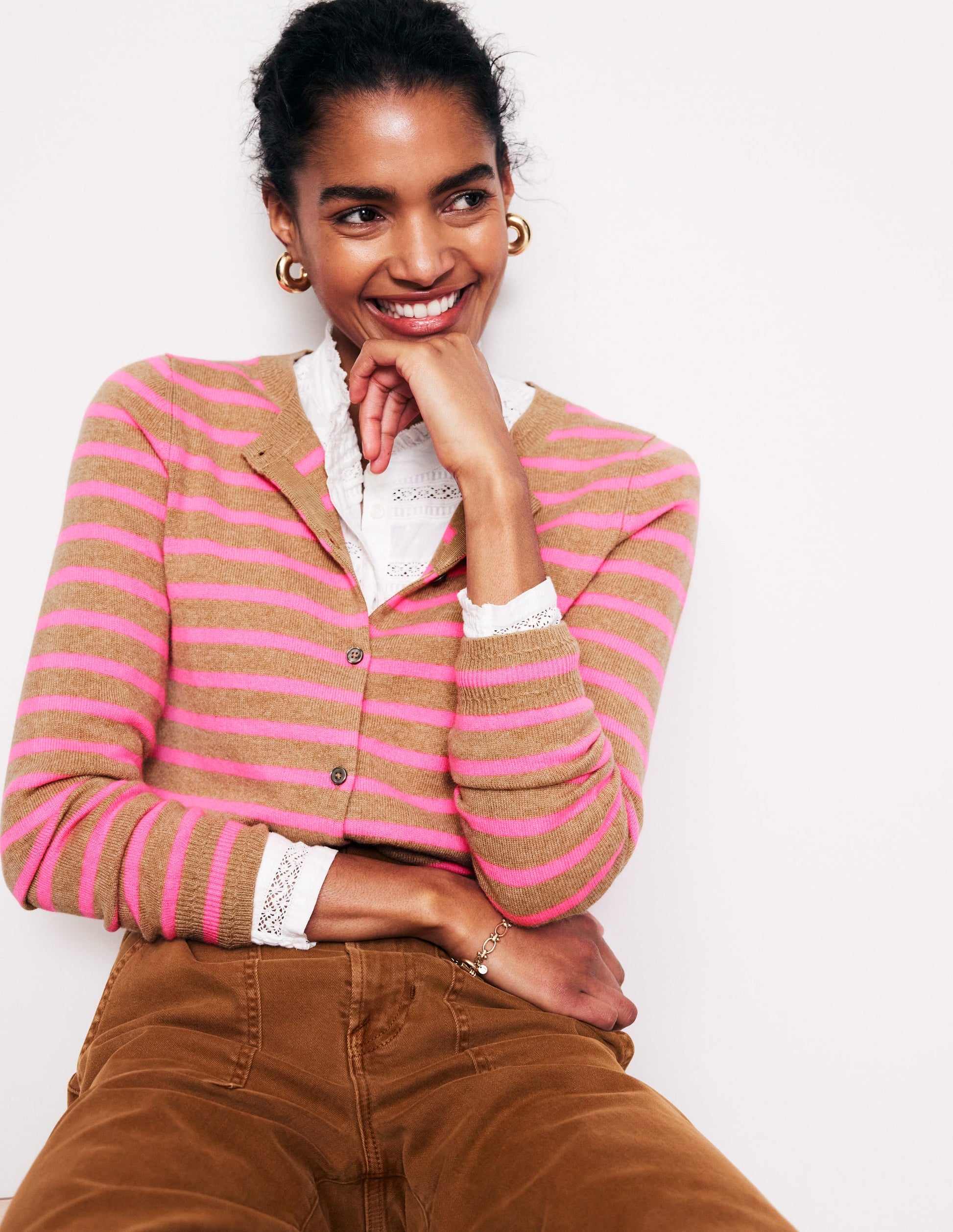 Eva Cashmere Crew Cardigan-Camel Melange/ Fluro Pink-4