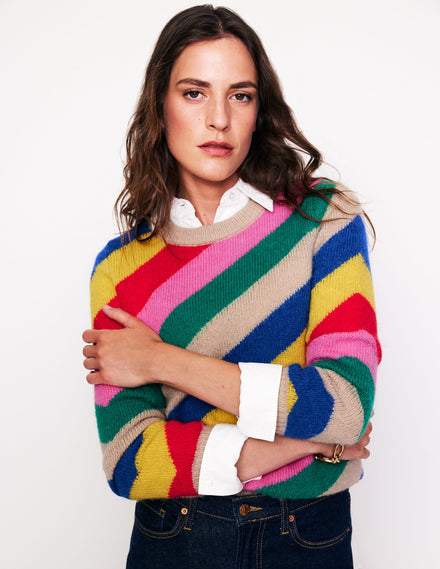 Fluffy Diagonal Stripe Jumper-Multi, Rainbow