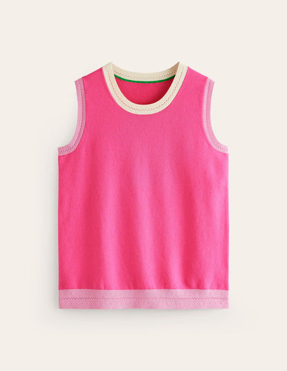 Catriona Crew Neck Cotton Tank-Carmine Rose Pink, Colourblock