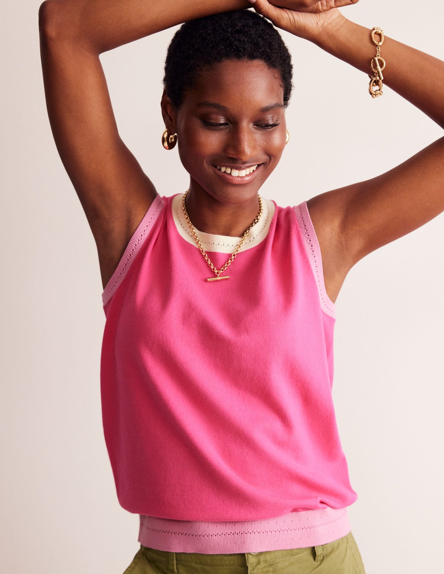 Catriona Crew Neck Cotton Tank-Carmine Rose Pink, Colourblock