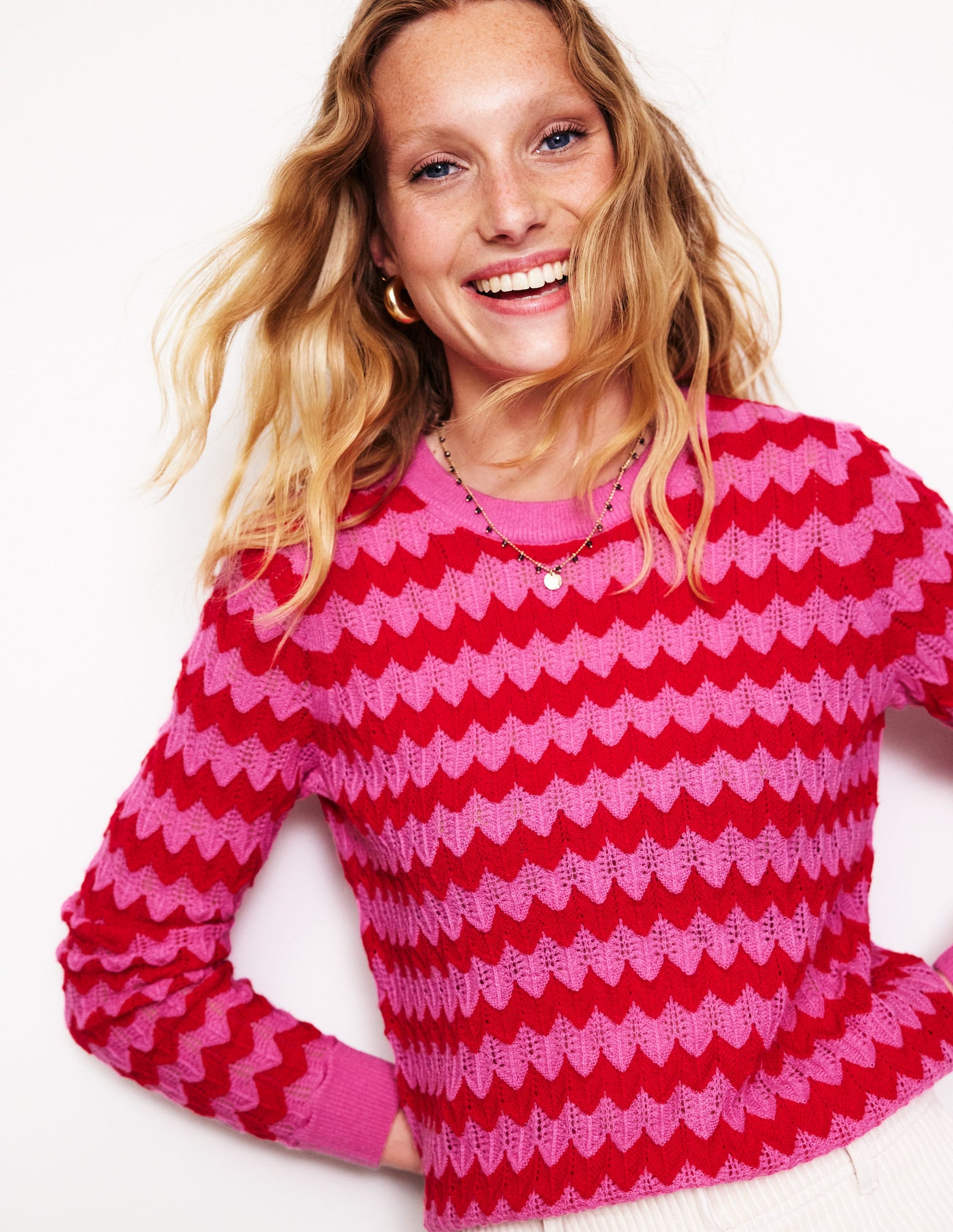 Fluffy Textured Stitch Jumper-Pink/ Red-4