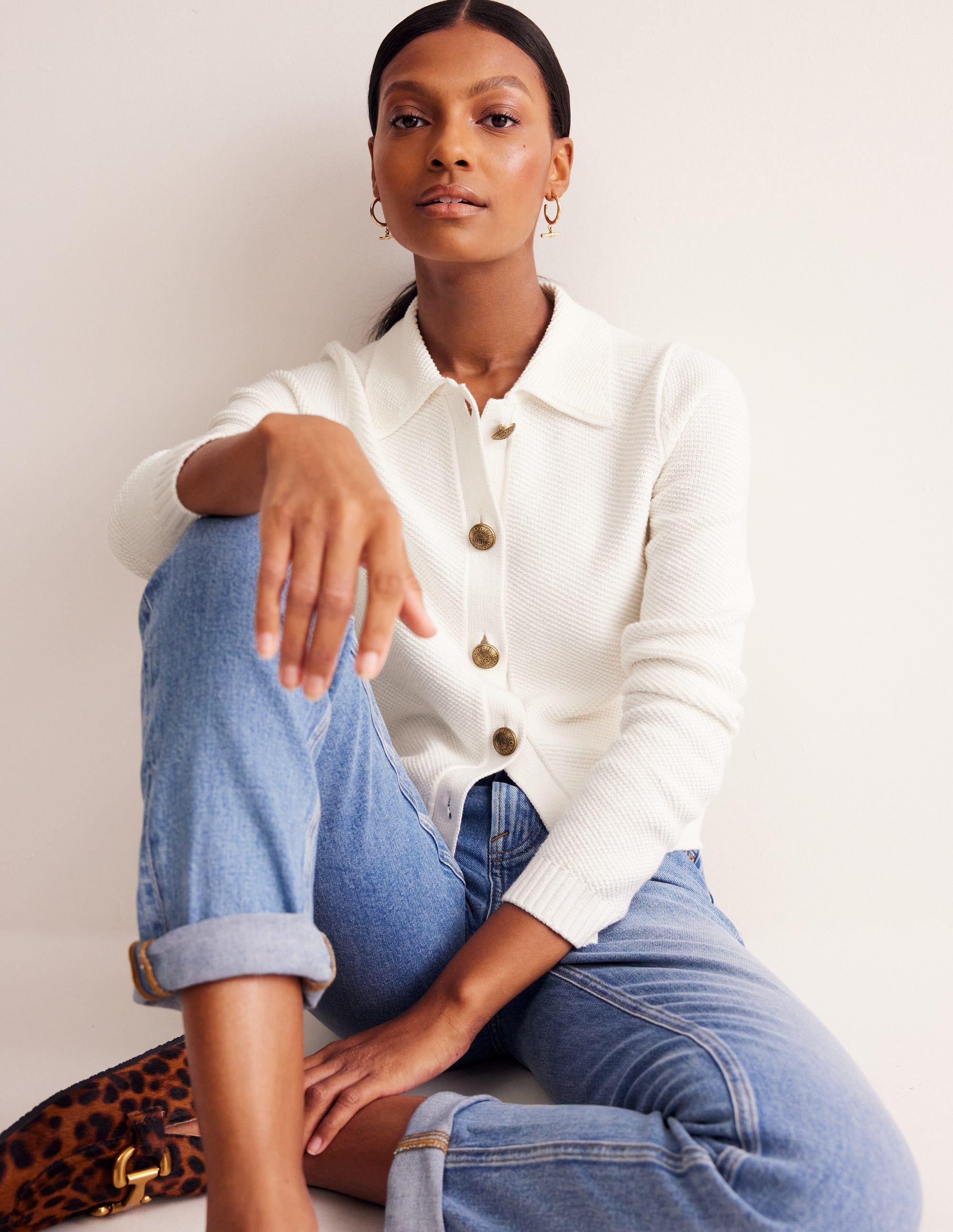 Collared Knitted Cardigan-Warm Ivory - Image 4