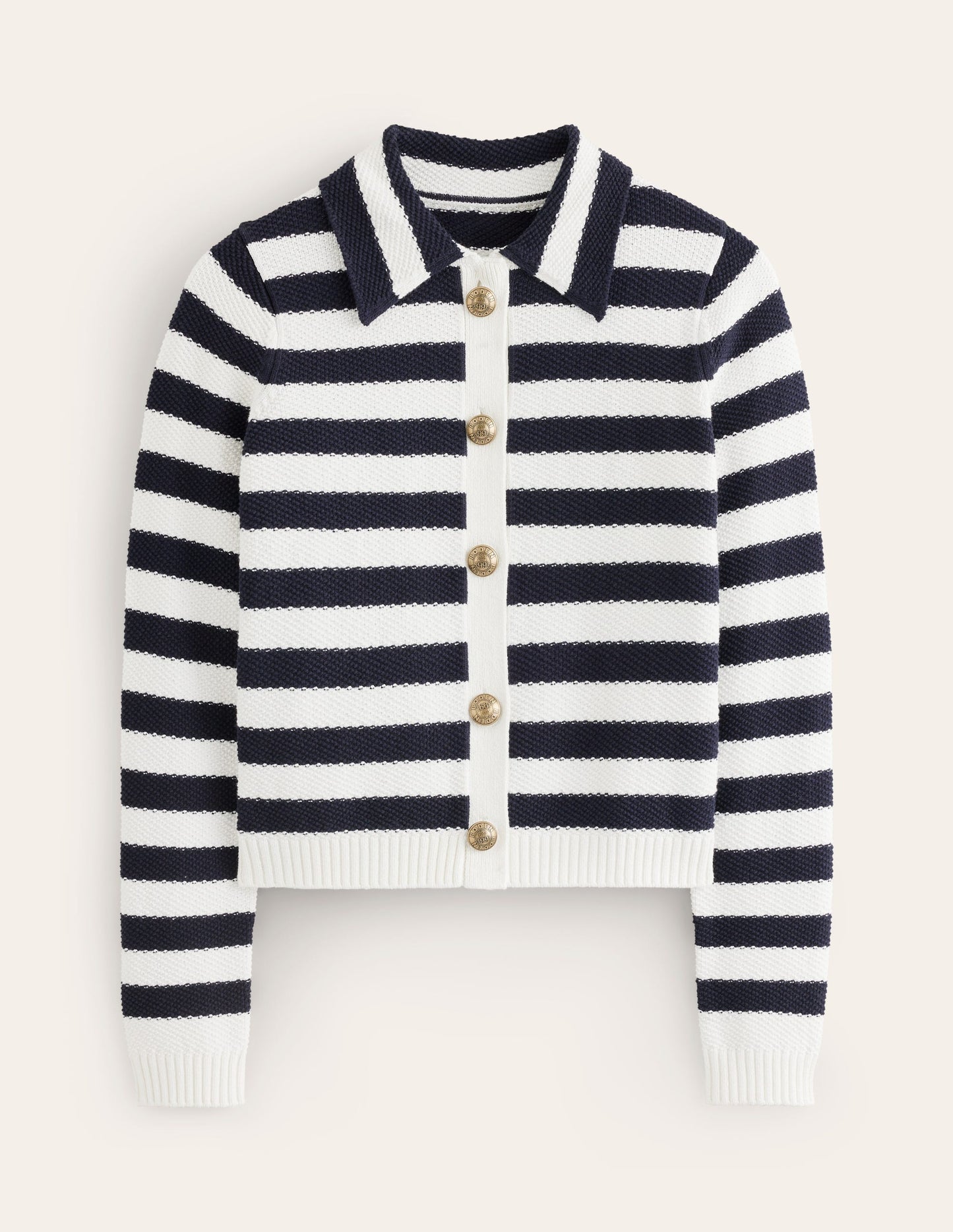 Collared Knitted Cardigan-Navy/ Ivory