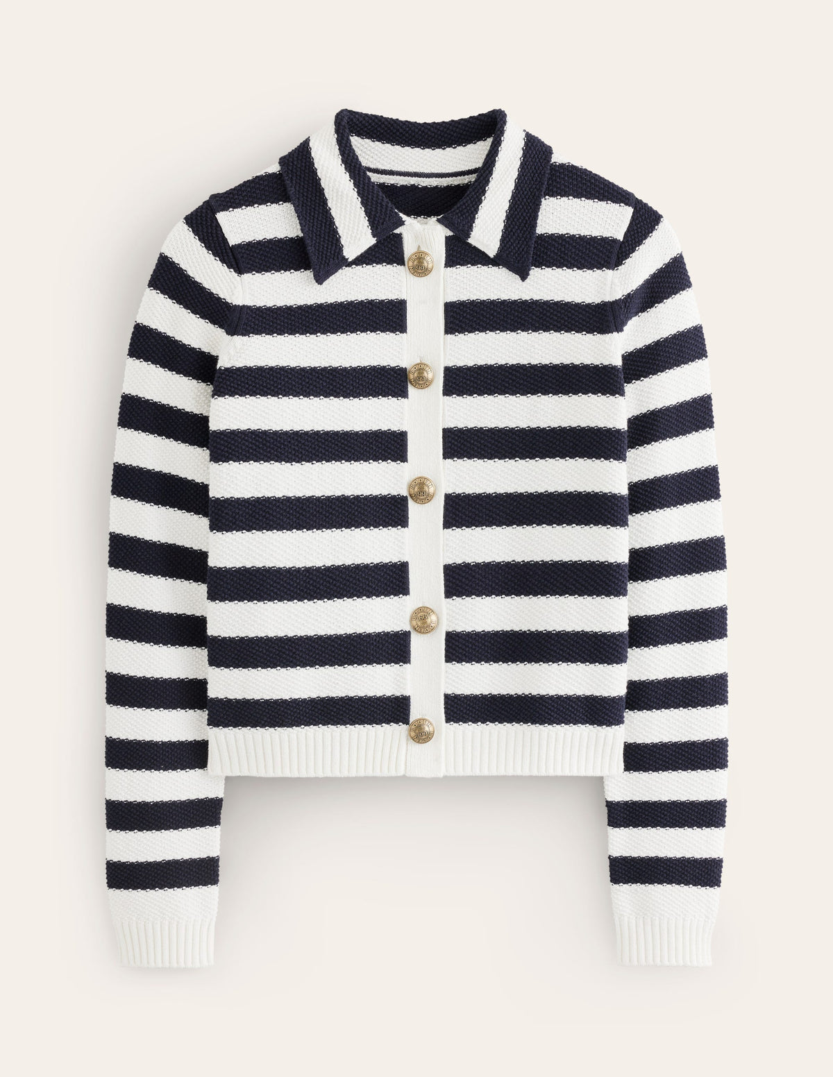 Collared Knitted Cardigan-Navy/ Ivory - Image 5