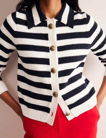 Collared Knitted Cardigan-Navy/ Ivory