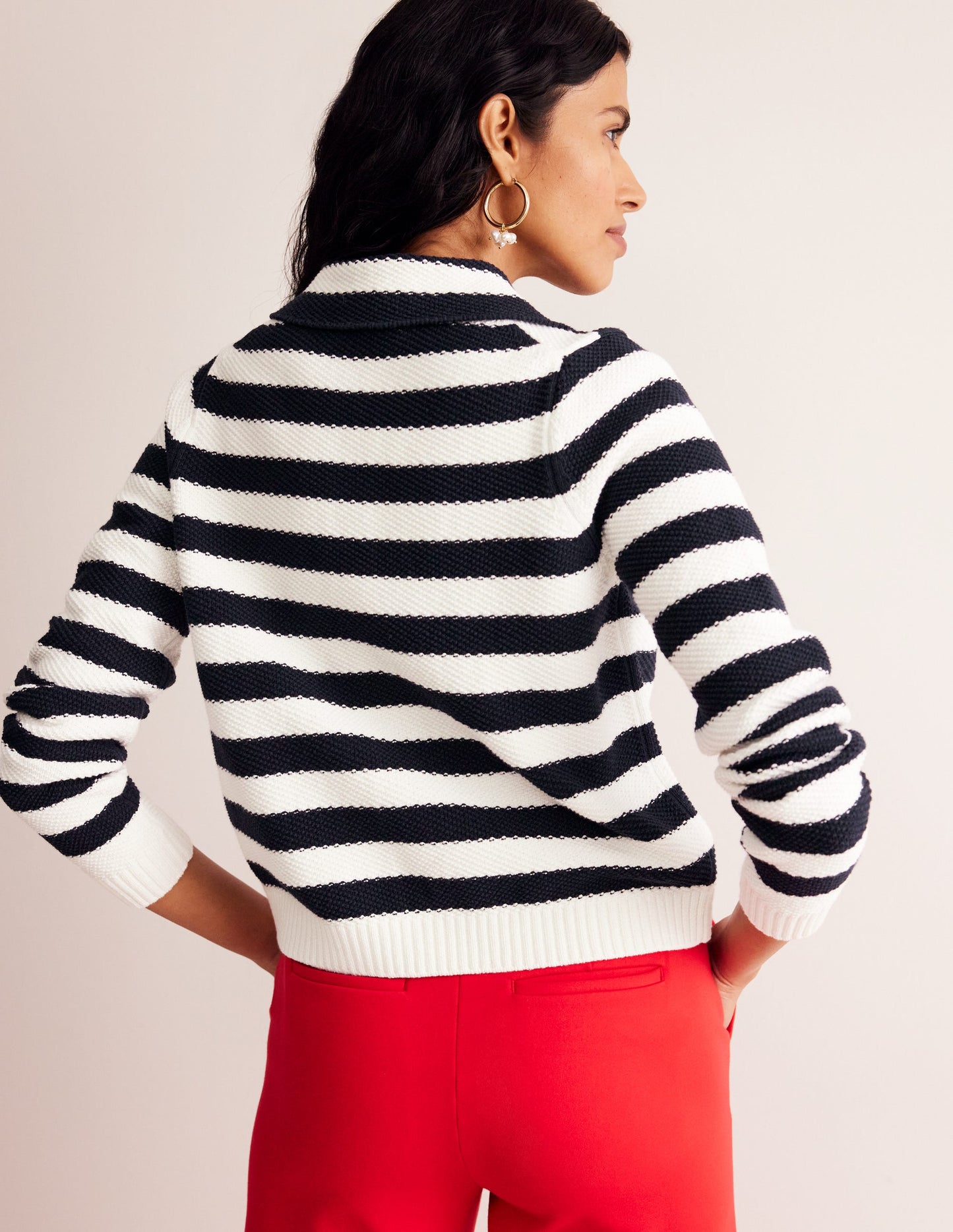 Collared Knitted Cardigan-Navy/ Ivory