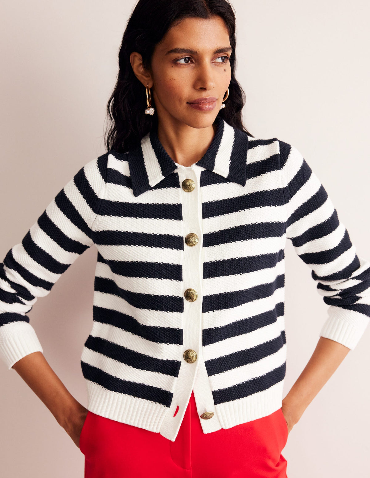 Collared Knitted Cardigan-Navy/ Ivory - Image 4