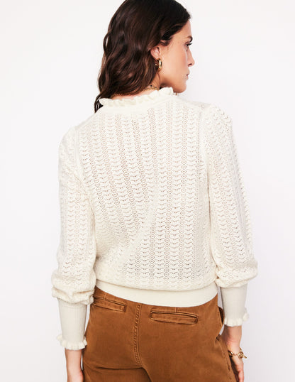 Tia Pointelle Frilled Cardigan-Warm Ivory